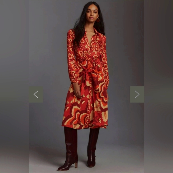 Farm Rio Long-Sleeve V-Neck Floral Midi Red Shirt Dress Size Large - Picture 1 of 7